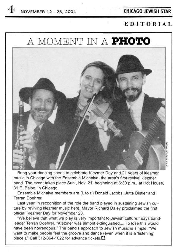 Article in the Jewish Star November 12, 2004 about the twenty first anniversary of the Ensemble M’chaiya (tm).